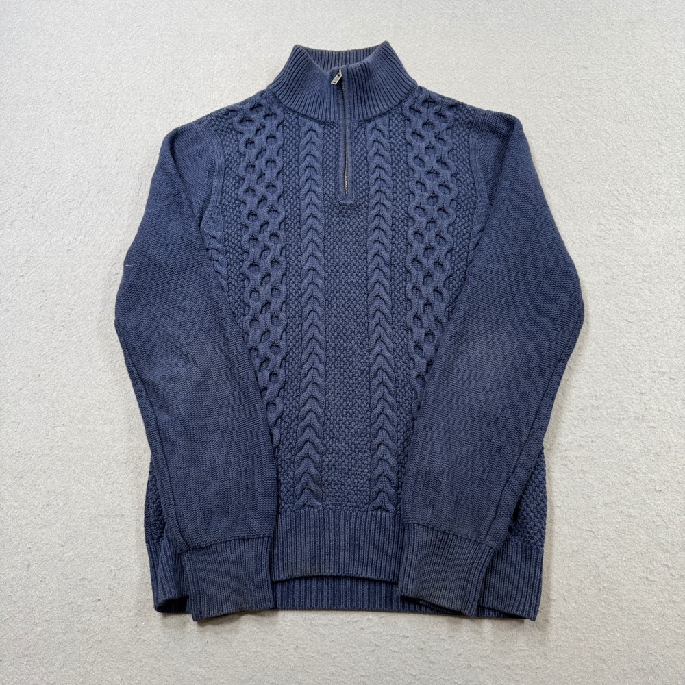 GAP Sweater Men's Medium Navy Chunky Cable Knit Mockneck Quarter-Zip Pullover